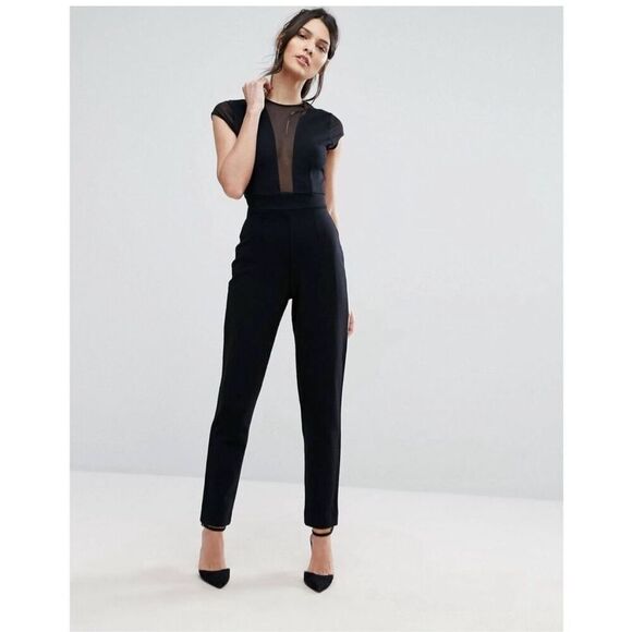 NEW French Connection Marie Chiffon Jumpsuit Mesh Detail Pants 7GHAH Black 6 nwt - Picture 1 of 10